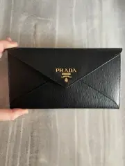 Prada Black Leather Vitello Leather Envelope Clutch New With tags And Box 8x4.5