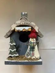 Wood Birdhouse w/ Snowman, Pine Tree, "Snowbird Bed & Breakfast" Sign