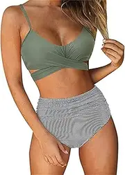 [Generic] Women Casual High Waisted Bikini Set Vintage Swimsuit Leopard Print Triangle Halter Ruched 2 Piece Bathing Suit Swimwear
