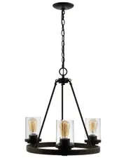 JONATHAN Y Coronet 20in 3-Light Iron/Seeded Glass Rustic Farmhouse LED Chandelier