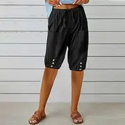 Women's Linen-Inspired Shorts Shorts Streetwear Casual Knee Length Mid Waist Plain Pocket Elastic Drawstring Design Breathability Soft Micro-elastic Vacation S