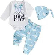 [Gueuusu] My First Easter Baby Boy Outfit Long Sleeve Bunny Romper Rabbit Long Pants Hat 3Pcs Clothes Set 3 6 12 18M