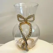 Gold & Rhinestone BOW Handle Clear Glass Pitcher Valentine Glam Kitchen Bling
