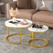 Advwin Set of 2 Nesting Coffee Table Marble Pattern Round Side End Table Gold & White