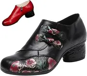 [Vimlo] Women's Slip-On Loafer Leather Pump Shoes, Casual Comfort Vintage Print Bows Chunky Block Zip Oxford Wedding Shoes(Black,35)