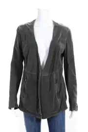 GMS-75 Womens Collarless V Neck Snap Front Suede Jacket Gray Size 6