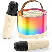 Mini Karaoke Machine for Adults Kids, Portable Karaoke Machine with 2 Wireless Microphones for Girls Boys, Wireless Karaoke with LED Light Bluetooth Speaker for Home Party Birthday Outdoor (Beige)