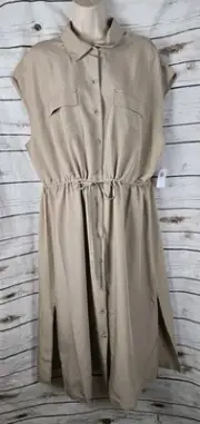 Old Navy Utility Shirt Dress XL Waist Defined Beige Tank Drawstring Rayon