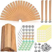 420PCS Wood Wicks for Candles Making, with 100 Crackling Wood Candle Wicks & 100 Metal Base 120 Warning Labels 100 Glue Dot for Candle Making Kit