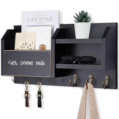 Mail and Key Holder – Wall Mount Key Hanger with Shelf and 7 Metal Hooks Black