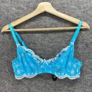 New Adore Me Bralette Bra Women 32 B Blue Floral Lace Underwired Semi Opaque