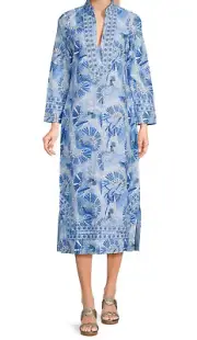 SAIL TO SABLE CK BRADLEY KAFTAN DRESS 100% COTTON PEACOCK PAISLEY BLUE SIZE M