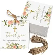 Baptism Thank You Tags, Gift Tags for Baby Boy Baptisms, Christenings, First Communions Religious Occasion (Square Pink)