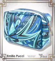 Emilio Pucci Porta Blue Print Lined Leather Toiletry or Cosmetic Bag $1150 NWT