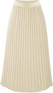 [bawilom] Womens High Elastic Waist Pleated Chiffon Skirt Midi Swing A-line Skirt Dressy Plain Solid Color Elegant Long Skirts