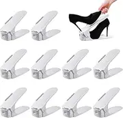 HTRTRR 10 Piece Adjustable Shoe Rack Set, Non-Slip Shoe Rack, Non-Slip Shoe Rack, Shoe Stack, 3 Height-Adjustable Double Tier Shoe Rack Set, Space Saving Shoe Organiser (White)