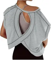 [Generic] Casual Womens Open Back Workout Tops Short Sleeve Y2k Yoga Shirts Athletic Gym Slouchy Crop Top Casual Backless Running Tees New