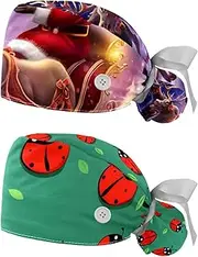 [YTYVAGT] 2-Pc,Nurse Scrub Caps,Scrub Hats with Buttons and Cotton Sweatband,Christmas Santa Claus Winter Deer Moon