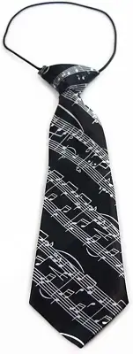 Kids Boys Black & White Patterned Elastic Neck Tie - Music Notes Black and White