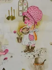 VTG HOLLY HOBBIE & FRIENDS SUNBONNET GIRL CAT GARDEN RETRO FABRIC J. MANES 46X58