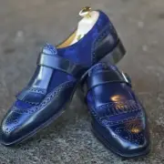 Handcrafted Mens Elegant Navy blue monk shoes, Men Blue fringe dress shoes