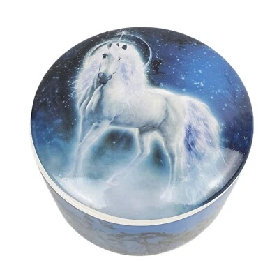 Trinket Box Round Small Ceramic Fantasy White Unicorn Blue Brand New