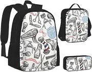 [ERCgad] Barber Shop Monochrome Style Print Canvas 3-In-1 School Bags Set Backpack Lunch Bag Pencil Case Combo For Men Women, Black, One Size