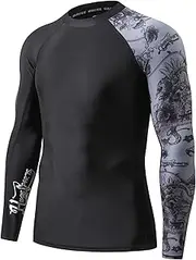 [HUGE SPORTS] Men's Splice Compression Rash Guard Long Sleeve Surf Wetsuit Swim Shirt UV Sun Protection UPF 50+