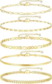 Gold Ankle Bracelets for Women, 14K Gold Plated Waterproof Cuban Link Chain Ankl