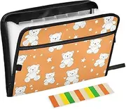 Cartoon Cute White Teddy Bear Stars Accordion Folder 13 Pockets A4 Letter Size Expanding File Pocket with Zipper Closure Duty Expanding File for Office Supplies