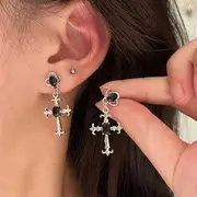 Rhinestone Cross Drop Earring 1 Pair - Silver & Black - One Size