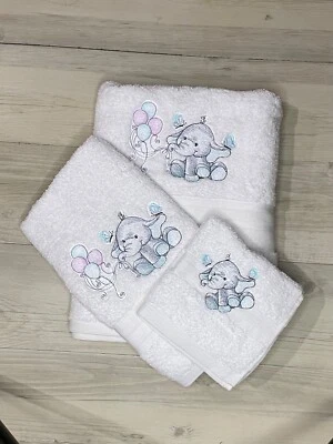 Personalised Towel Kids Baby Newborn Gift Elephant White Hand Towel Face Washer