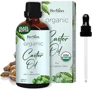Organic Castor Oil (3.3 oz) USDA Certified, 100% Pure, Cold Pressed, Hexane-Free. Boosts Growth of Hair, Lashes, Eyebrows. Skin Moisturizer & Hair Treatment. Glass Bottle, Dropper Included in Pack