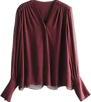 [HEYDHSDC] 100% Silk Blouse Top Women V-Neck Black Shirt Wine Red Office Lady Wear Fashion Clothing Summer Autumn