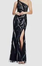 Aidan Mattox Women's Black Beaded Asymmetric Keyhole Gown Dress Size 6