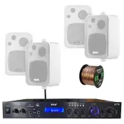 Home Amplified Bluetooth MP3 Receiver, 4x 4" Box White Speakers, 16-G 50 Ft Wire