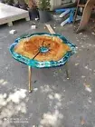Round Walnut Wood Shiny Blue Table Coffee Table, Epoxy Table, Epoxy Coffee Table