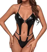[Generic] I Love Daddy Lingerie Women Erotic Lingerie Sexy Costumes Black Halter Lace Up Leather Bondage Backless Teddy Sexy Lady Bodysuit Latex Underwear Plus Size Lingerie for Women Chemise