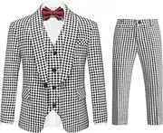 [MOGU] Boys 3-Piece Houndstooth Tuxedo Suit Set - Slim Fit Shawl Lapel Outfit Blazer Vest Pants Kids' Weddings Ring Bearer