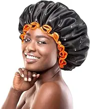 mikimini Large Shower Cap for Women Long Hair, Black, Reusable Waterproof Double Layers XL Washable Colorfast Odorless High-Quality Shower Cap for Men with Vibrant Orange Edge