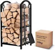 Firewood Rack with 4 Tools Set - Heavy Duty Steel Log Holder Includes Poker, Brush, Shovel & Tongs | Rust-Resistant Indoor/Outdoor Use (73cm x 30cm x 45cm)