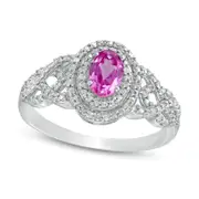 Oval Lab-Created Pink Sapphire and 0.10 CT. T.W. Diamond Double Frame Woven Shank Ring in Sterling Silver