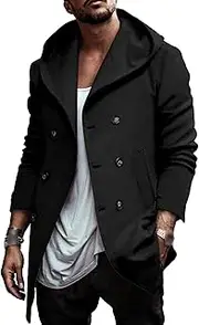 [SAOJEYI-DG] Men's Mid-Long Lapel Hooded Trench Coat Casual Double-Breasted Coat Lightweight Loose Overcoat
