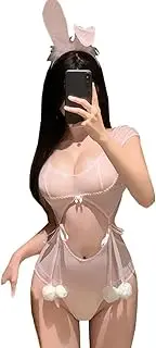 [SNOMYRS] Women Sexy Bunny Outfit Mesh Fishnet Outfit Kawaii Rabbit Role Play Anime Cosplay Maid Lingerie Top and Pants