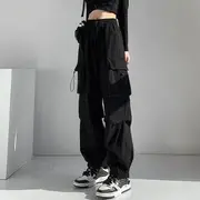 Mid Waist Plain Drawstring Cargo Baggy Pants Black - L