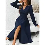 Women's Midi Dress Cocktail Dress Wedding Guest Dress Chiffon Fashion Modern Outdoor Vacation Regular Fit Plain Long Sleeve V Neck Navy Blue Summer Spring