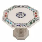 24" White Marble Table Top handmade inlay semi precious stones With marble Stand