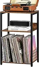 LELELINKY 3 Tier End Table with Storage Up to 100 Albums, Industrial Tall Side Turntable Stand for Vinyl Storage, Brown Records Player Holder Shelf for Living Room Bedroom