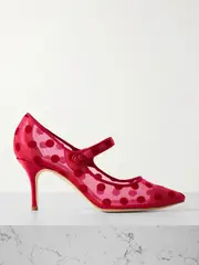 [Manolo Blahnik] Manolo Blahnik - Campari 70 Grosgrain-trimmed Flocked Mesh Mary Jane Pumps - Red - IT37 IT 37 Red
