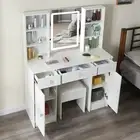 Large Dressing Table Stool Set with Mirror and Touch Control LED Vanity Desk